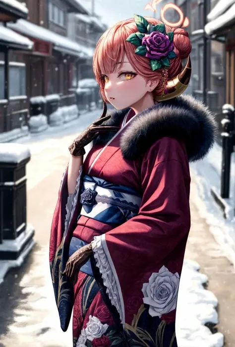 (masterpiece), best quality, (((ultra detailed, 8k quality))), expressive eyes, perfect face, perfect anatomy, perfect body, scene, <lora:scene_:0.7>, <lora:more_details:0.7>, <lora:beautiful_detailed_eyes:0.5>, <lora:GoodHands-vanilla:1>, <lora:give_it_a_name:0.7>,
AruNewYears, hair bun, horns, halo, hair flower, fur collar, red kimono, floral print kimono, lace gloves, black gloves, white sash, <lora:CHAR-RikuhachimaAru:1>,
street, winter, snow, one hand on pocket, v over eyes, winter storm