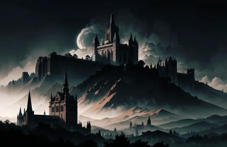 ((masterpiece, best quality)), absurdres, ((detailed background)), ((ultra detailed)), view from above, wide angle, (medieval city:1.3), gothic, (gothic city:1.6), (huge cathedral with high towers:1.2), stone walls with towers, spikes, many medieval homes with chimneys, smoke from chimneys,(castle:1.5), (gothic palace:1.2), (clocktower:1.3), sea port, (ships:1.1), at night, moon, moonlight, rain, landscape, detailed background, medieval, dark fantasy, cloudy sky, dark, torchlights, overpopulated, many details, city, fantasy, realistic lightning, (black stone), scenery,aerial view,((panoramic view)), <lora:gothichorrorai_v10:0.5>, river, ships,
detailed lighting, realistic colours, vivid colours, the most beautiful form of chaos, elegant,romanticism, ecstasy of light and shadow, deep shadow, (low key:1.3), (dark theme:1.3),
<lora:lowkey_v1.1:0.7>, <lora:Ink scenery:0.5>