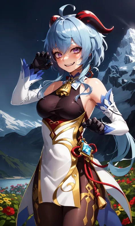 (masterpice, best quality, high quality, highres:1.4), extremely detailed, detailed skin, soft skin, ambient soft lighting, 4K,
1girl, solo, upper body, standing, ganyu \(genshin impact\), (claw pose:1.2), ganyudef
aqua hair, mullet, black horns,
black gloves,
mountainous horizon, mountain, flowers,
<lora:Genshin Impact - Ganyu:1>