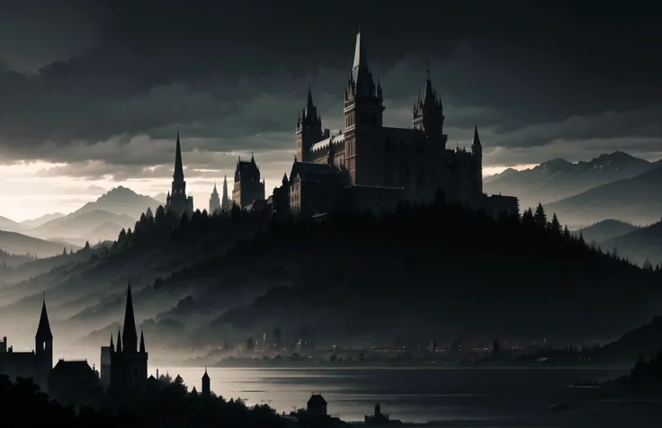 ((masterpiece, best quality)), absurdres, ((detailed background)), ((ultra detailed)), view from above, wide angle, (medieval city:1.3), gothic, (gothic city:1.6), (huge cathedral with high towers:1.2), stone walls with towers, spikes, many medieval homes with chimneys, smoke from chimneys,(castle:1.5), (gothic palace:1.2), (clocktower:1.3), sea port, (ships:1.1), at night, moon, moonlight, rain, landscape, detailed background, medieval, dark fantasy, cloudy sky, dark, torchlights, overpopulated, many details, city, fantasy, realistic lightning, (black stone), scenery,aerial view,((panoramic view)), <lora:gothichorrorai_v10:0.5>, river, ships,
detailed lighting, realistic colours, vivid colours, the most beautiful form of chaos, elegant,romanticism, ecstasy of light and shadow, deep shadow, (low key:1.3), (dark theme:1.3),
<lora:lowkey_v1.1:0.7>, <lora:Ink scenery:0.5>