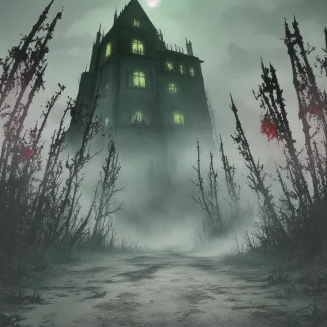 haunted house with blood on the pathway, ethereal ghost dragons coming out of the chimney breathing stardust, deep claw marks everywhere, the sun is setting casting an eerie glow of death in the sky, a green and blue hued mist creeps in from the dirt streets, this place is evil and haunted