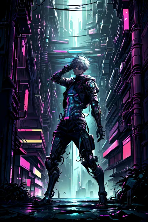 Drawing inspiration from modern masters like JOSAN GONZALEZ, LEOPOLDO D'ANGELO, MICHAH DOWBAK, the artwork should encapsulate 1boy, satoru gojo, short hair, blue eyes, grin, hair between eyes, high collar, long sleeves, looking at viewer, male focus, round eyewear, short hair, intricate detailed background, smile, solo, sunglasses, teeth, upper body, metropolis, white hair, (sci-fi, futuristic, cyberpunk aesthetic, neuromancerc cyborg, cybernetic limps, cybernetic skin:1.4)
,(best quality, masterpiece:1.2) <lora:more_details:0.6> <lora:satorugojo-10:1> <lora:CyberpunkStyleV1:0.4> <lora:CyberPunkAI:0.7>