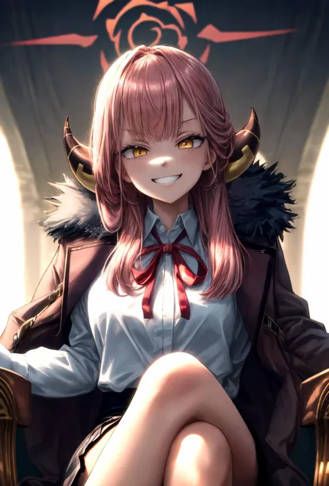 (masterpiece), best quality, (((ultra detailed, 8k quality))), expressive eyes, perfect face, perfect anatomy, perfect body, scene, <lora:scene_:0.7>, <lora:more_details:0.7>, <lora:beautiful_detailed_eyes:0.5>, <lora:GoodHands-vanilla:1>, <lora:give_it_a_name:0.7>,
AruBase, long hair, horns, halo, dress shirt, white shirt, long sleeves, red neck ribbon, black skirt, high-waist skirt, side slit, white gloves, coat on shoulders, fur-trimmed coat, <lora:CHAR-RikuhachimaAru:1>,
sitting, thrones, crossed legs, grin,
