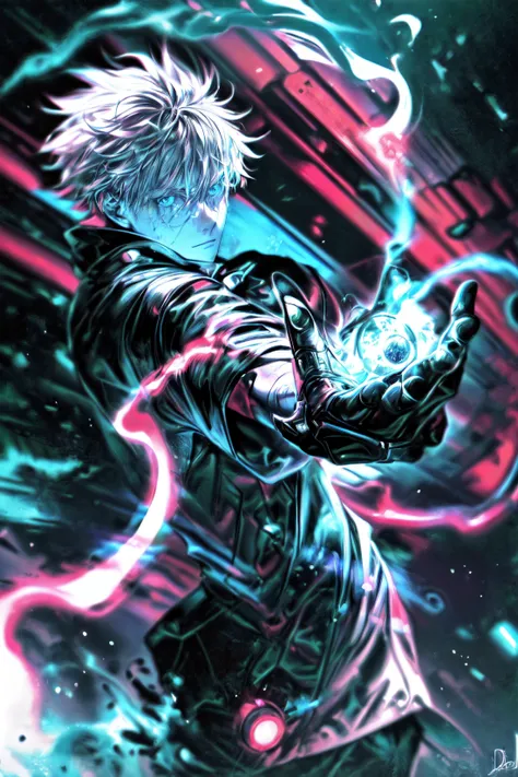 Drawing inspiration from modern masters like JOSAN GONZALEZ, LEOPOLDO D'ANGELO, MICHAH DOWBAK, the artwork should encapsulate satoru gojo, 1boy, aura, black jacket, blue eyes, blue fire, electricity, energy, energy ball, glowing, high collar, jacket, lightning, long sleeves, looking at viewer, magic, male focus, outstretched arm, outstretched hand, solo, standing, white hair, (sci-fi, futuristic, cyberpunk aesthetic, neuromancerc cyborg, cybernetic limps, cybernetic skin:1.3)
,(best quality, masterpiece:1.2) <lora:more_details:1> <lora:satorugojo-10:1>