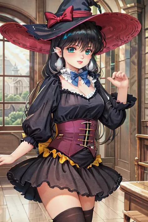 (masterpiece), best quality, expressive eyes, perfect face, perfect hand, dynamic pose, dynamic light, ray of light, detailed picture, high resolution, award winning portrait photography, national geographic portrait photography styled,
<lora:ayukawa_madoka_v2>, (ayukawa madoka), kimagure orange road, Orange Road, Madoka, Ayukawa,
1girl, solo, black hair, (very long hair:1.1), aqua eye,
hat, twintails, smile, bangs, looking at viewer, medium_breasts, long sleeves, thighhighs, blush, witch hat, dress, puffy sleeves, frills, bow, breasts, jewelry, juliet sleeves, earrings, corset, bowtie, parted lips, indoors, piercing, ear piercing, hair ornament, church