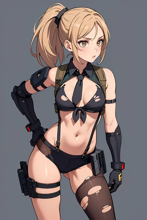 (masterpiece, best quality), 1girl, <lora:quietmetalgear-guy-v3:1> quietmetalgear, ponytail, makeup, eyeshadow, bikini, front-tie top, suspenders, gloves, single elbow glove, thigh holster, torn pantyhose