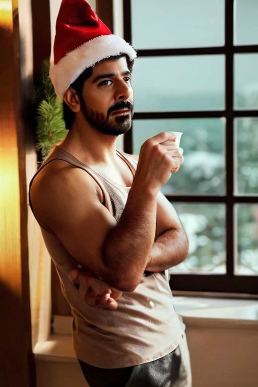 sacha dhawan a man <lora:pavail-gulati_Sacha-Dhawan:1>, (natural lighting:studio lighting:0.5), sophisticated elegant mood, stained, highly detailed, found footage, elegant pose, windows show snow xmas tree, christmas, vintage, biceps, look at looking at viewer, full beard, sunburn, wake up pose, winter, xmas decord, drinking coffee, morning time, wear santa hat, wear red tank top, underwear, chill, feel good, (masterpiece, best quality:1.5), night time, cozy warm room, (masterpiece,best quality:1.5)