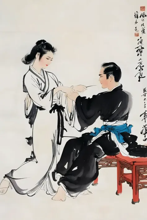 chinese ink painting, traditional media, liujiyou, martial art, long sleeves, <lora:liujiyou-SDXL:0.8>, 
a 20-year-old woman, a 30-year-old man, 
women seduce men, indoor,