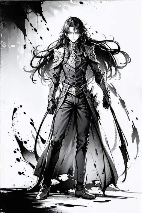 mo,masterpiece, best quality,1boy,standing, long hair,cold face, full body, (front),monochrome, greyscale,ink splash
