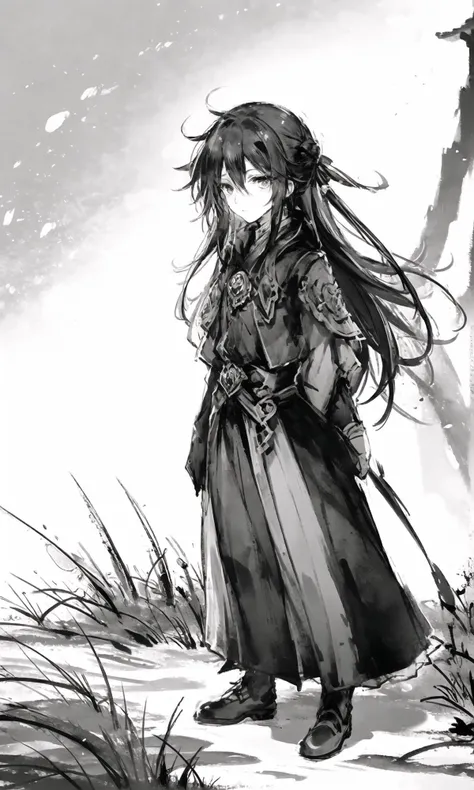 <lora:æ³¼å¢¨ï¼mo:0.88>,masterpiece,best quality,1girl,standing,black hair bun,cold face,full body,(front),monochrome,greyscale,
