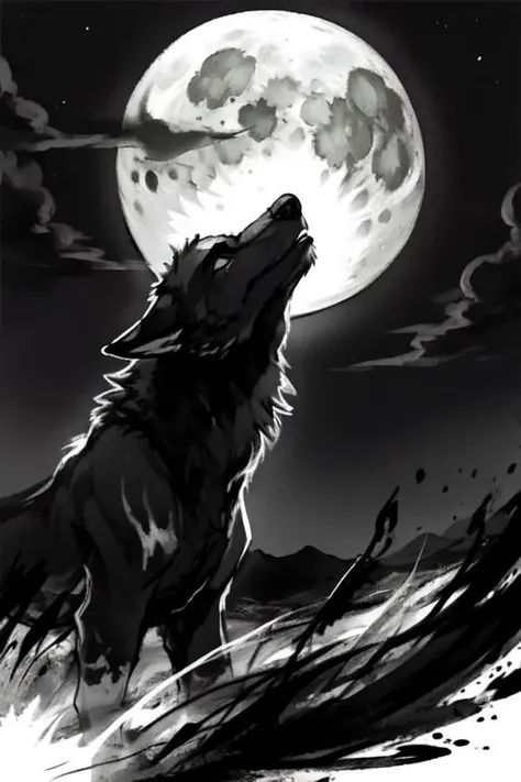 grey dog,masterpiece,high quality,(dark shadows, wide dynamic range, hdr, low light:1.2),ink wash painting,(flowing ink:1.3),black-and-white,the eye of lightning,wolf eye,(moon background:1.2),(moon:1.1),detailed moon,<lora:mo:0.6>,ink splash,