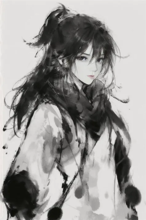 masterpiece, best quality,1girl,standing, black hair bun,cold face, upper body, (front),ink splash,
<lora:mo:0.9>