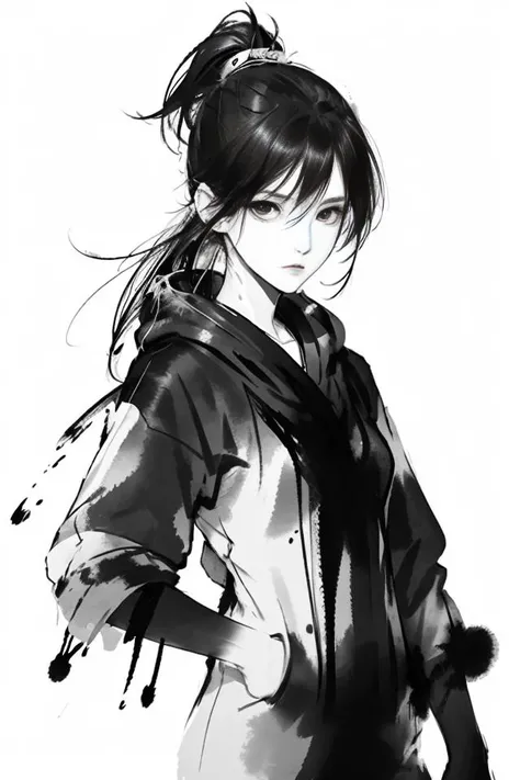 masterpiece, best quality,1girl,standing, black hair bun,cold face, upper body, (front),ink splash,
<lora:mo:0.6>