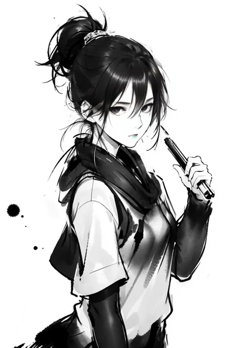 masterpiece, best quality,1girl,standing, black hair bun,cold face, upper body, (front),ink splash,
 <lora:mo:0.6>