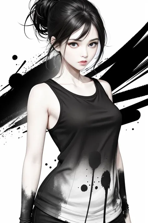 masterpiece, best quality,1girl,standing, black hair bun,cold face, upper body, (front),ink splash,
<lora:mo:0.3>
