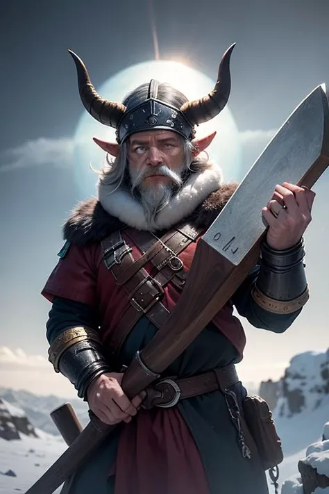 an awarded photography of The White Dwarf - An aged and legendary Dwarf warrior, wearing a horned helmet and wielding a legendary runic axe., at Katabatic Wind: A cold, dense wind that flows downhill due to gravity, often found in polar regions. , masterpiece, ultrasharp, depth of field and boekh, best quality, <lyco:GoodHands-beta2:1.0>