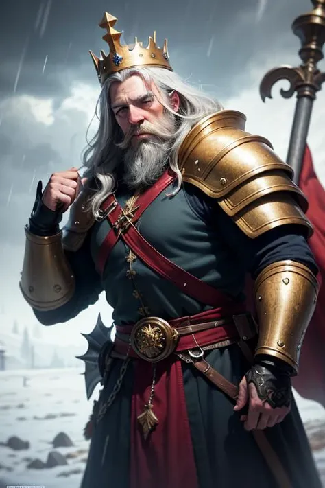 an awarded photography of Thorgrim Grudgebearer - A regal Dwarf High King with a magnificent beard, wearing ornate golden armor and a gem-encrusted crown., at Squall: A sudden and violent gust of wind, often accompanied by rain or snow. , masterpiece, ultrasharp, depth of field and boekh, best quality, <lyco:GoodHands-beta2:1.0>