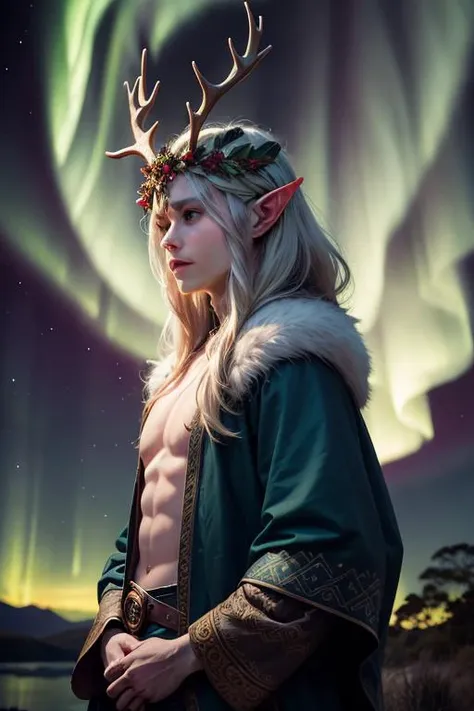 an awarded photography of Orion - A majestic Elven king of the forest, with antlered helm and adorned in leafy regalia., at Aurora Australis (Southern Lights): Similar to the Northern Lights, but visible in the southern hemisphere. , masterpiece, ultrasharp, depth of field and boekh, best quality, <lyco:GoodHands-beta2:1.0>