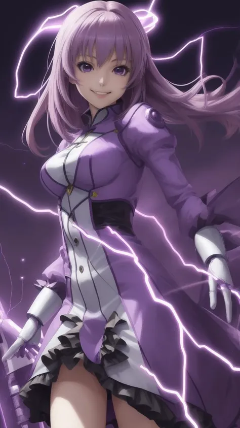 (anime),masterpiece, best quality, 1girl, solo, light smile, electricity, purple theme, alternate costume,