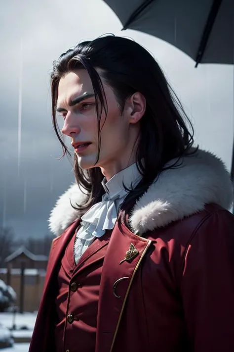 an awarded photography of Vlad von Carstein - A charismatic vampire count with a regal air, dressed in noble attire from a bygone era., at Ice Storm: A severe weather event where freezing rain covers surfaces with a thick layer of ice. , masterpiece, ultrasharp, depth of field and boekh, best quality, <lyco:GoodHands-beta2:1.0>