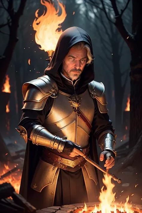 an awarded photography of Balthasar Gelt - A stern and serious Human wizard, clad in golden alchemical armor and wielding a magical staff., at Fire Whirl: A small, spinning vortex of flames caused by wildfires or other burning debris. , masterpiece, ultrasharp, depth of field and boekh, best quality, <lyco:GoodHands-beta2:1.0>