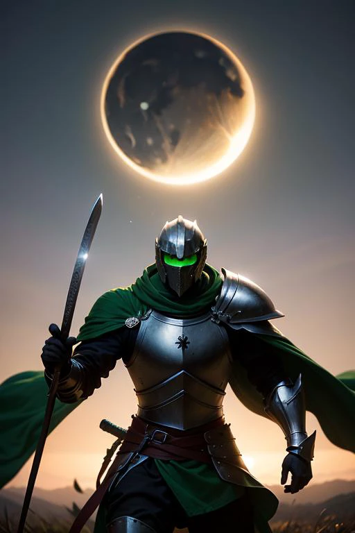 an awarded photography of The Green Knight - A spectral and mysterious knight, clad in ghostly green armor and wielding an enchanted sword., at Solar Eclipse: A celestial event where the moon passes between the sun and Earth, temporarily darkening the day. , masterpiece, ultrasharp, depth of field and boekh, best quality, <lyco:GoodHands-beta2:1.0>