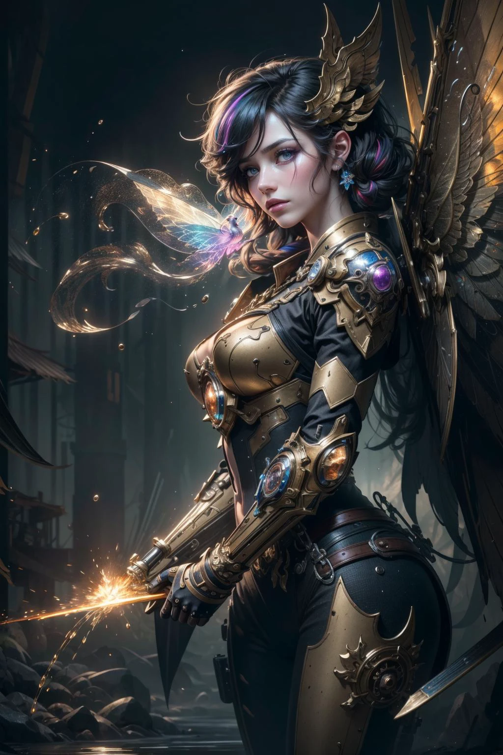 (masterpiece:1.2), best quality,fantasy,
Ultra-detailed,very detailed illustrations,extremely detailed,intricate details,highres,super complex details,extremely detailed 8k cg wallpaper,cowboy shot, caustics,reflection,ray tracing,fine art masterclass splash spray trickle daubs of rainbow opaline Prisma Sakuraoil color,Steampunk celestial ethereal ghostly Fairy,ultra high-detail, ,(HDR:1.4)
<lora:UE_20230717224732:0.6> <lora:AMechaSSS%5Bcolor_theme%2Cmecha%20musume%2C%20mechanical%20parts%2Crobot%20joints%2Cheadgear%5D:1>,mecha musume,mechanical part