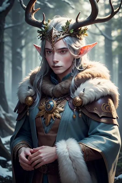 an awarded photography of Orion - A majestic Elven king of the forest, with antlered helm and adorned in leafy regalia., at Graupel Showers: Showers of graupel, soft, opaque pellets of ice similar to hail but less dense. , masterpiece, ultrasharp, depth of field and boekh, best quality, <lyco:GoodHands-beta2:1.0>