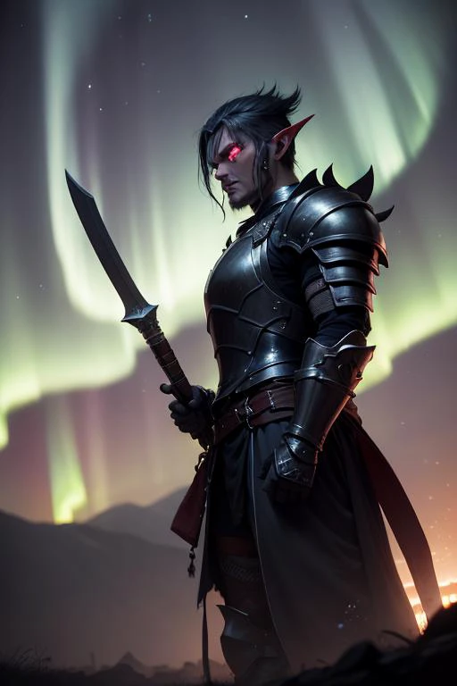 an awarded photography of Malus Darkblade - A brooding Dark Elf warrior with mismatched eyes, clad in enchanted black armor., at Aurora Haze: A faint glow in the night sky, caused by the reflection of city lights off the atmosphere during an aurora. , masterpiece, ultrasharp, depth of field and boekh, best quality, <lyco:GoodHands-beta2:1.0>