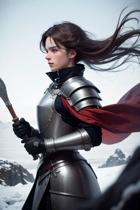 an awarded photography of Alberic de Bordeleaux - A noble and valiant Bretonnian knight, wearing a polished suit of plate armor., at Katabatic Wind: A cold, dense wind that flows downhill due to gravity, often found in polar regions. , masterpiece, ultrasharp, depth of field and boekh, best quality, <lyco:GoodHands-beta2:1.0>