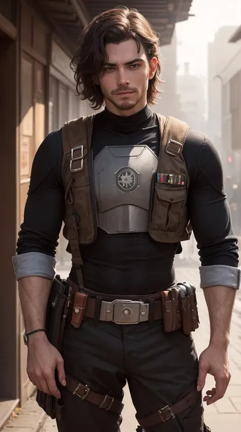 an awarded profesional photo of Ezra Kain (Star Wars): Ezra Kain, a resourceful and daring smuggler, exudes a rugged charm that reflects his life on the fringes of the galaxy. With a determined grin, his auburn hair frames a face that bears the marks of both adventure and hardship. His five o'clock shadow hints at the countless escapades and encounters with the law he has experienced. Ezra's attire is a mix of practicality and style, with a dark brown, weathered duster jacket that shields him from the elements and carries the scars of countless escapades. Underneath, a practical utility vest holds essential tools of the trade, from blasters to scramblers. A holster at his hip carries his trusty DL-44 heavy blaster pistol, a weapon that has seen him through more than one tight spot. As he moves with a confident swagger, Ezra embodies the spirit of the Outer Rim, a nomadic rogue who treads the thin line between hero and outlaw. with Petite-Athletic - A smaller-framed body with athletic and toned features. , ultradetailed, intricated face,(face details:1.1),perfect eyes, ideal body posture,perfect body proportions, by jeremy mann, by sandra chevrier, by maciej kuciara,(masterpiece:1.2),(ultradetailed:1.1), ultrasharp, (perfect, body:1.1),(realistic:1.3),(real shadow:1.2), photo Fujifilm XT3, ,(perfect body proportions:1.1)<lyco:GoodHands-beta2:1>, intricated hands,(by Michelangelo),(profesional lights:1.3) (profesional photography:1.3),in Evernight Hollow: A deep, dark hollow where the sun's rays never reach, inhabited by nocturnal creatures., cowboy shot (character focus:1.1), depth of field, perfect hands, realistic shadows, realsitic lights, perfect quality, natural skin, skin marks, detailed hairstyle, kkw-skin-det, photorealistic,