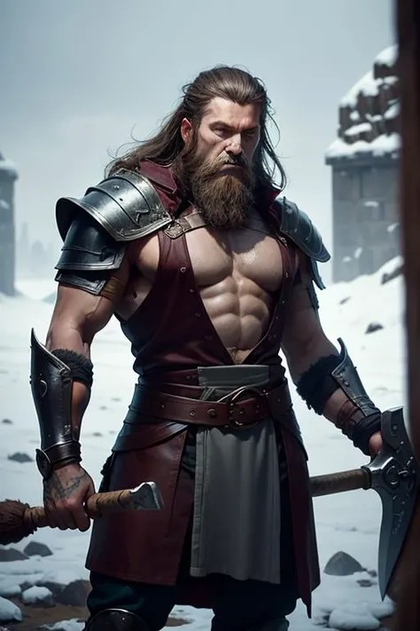 an awarded photography of Wulfrik the Wanderer - A fierce and bearded Norse warrior, wielding a rune-inscribed great axe., at Graupel Showers: Showers of graupel, soft, opaque pellets of ice similar to hail but less dense. , masterpiece, ultrasharp, depth of field and boekh, best quality, <lyco:GoodHands-beta2:1.0>
