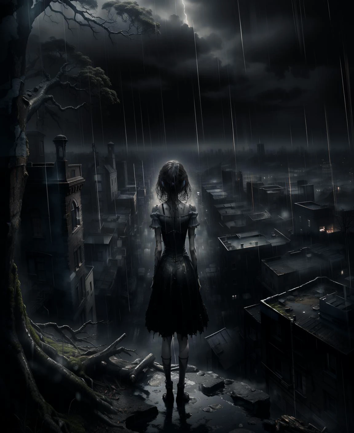 highres, masterpiece, best quality, ultra-detailed 8k wallpaper, extremely clear, monochrome, <lora:monochrome-000014:0.8>, dark sky,(dark town), (rain), alone, girl, girl stands on a cliff, dress, big landscrape, clouds, she feels alone, scared, no lights, ruins, 1tree, 1 dead tree, moss,