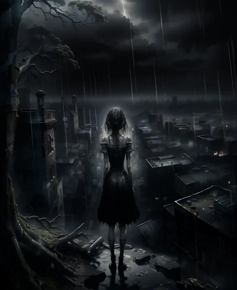 highres, masterpiece, best quality, ultra-detailed 8k wallpaper, extremely clear, monochrome, <lora:monochrome-000014:0.8>, dark sky,(dark town), (rain), alone, girl, girl stands on a cliff, dress, big landscrape, clouds, she feels alone, scared, no lights, ruins, 1tree, 1 dead tree,  moss,