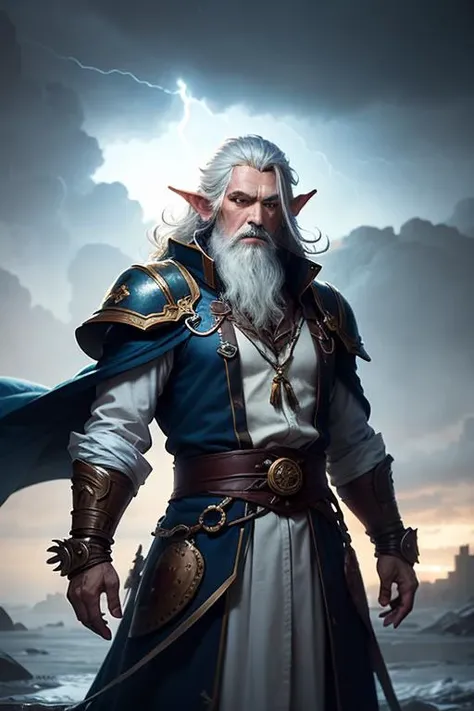 an awarded photography of Teclis - A wise and enigmatic High Elf Archmage, with a flowing white beard and clad in celestial robes., at Superstorm: An extremely powerful and rare storm with intense winds and precipitation. , masterpiece, ultrasharp, depth of field and boekh, best quality, <lyco:GoodHands-beta2:1.0>