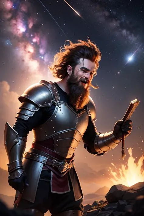 an awarded photography of Snorri Nosebiter - A jovial Dwarf Slayer with a braided beard, a broken nose, and wearing ragged yet formidable armor., at Meteor Shower: A celestial event where numerous meteors streak through the night sky, leaving dazzling trails. , masterpiece, ultrasharp, depth of field and boekh, best quality, <lyco:GoodHands-beta2:1.0>