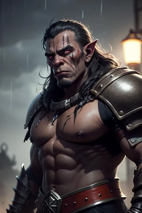 an awarded photography of Grimgor Ironhide - An imposing Black Orc Warboss, towering in stature, covered in brutal scars and clad in dark iron armor., at Drizzle: Light rain characterized by small, fine droplets falling from the sky. , masterpiece, ultrasharp, depth of field and boekh, best quality, <lyco:GoodHands-beta2:1.0>