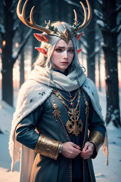 an awarded photography of Orion - A majestic Elven king of the forest, with antlered helm and adorned in leafy regalia., at Frost: A thin layer of ice crystals forming on surfaces during cold nights. , masterpiece, ultrasharp, depth of field and boekh, best quality, <lyco:GoodHands-beta2:1.0>