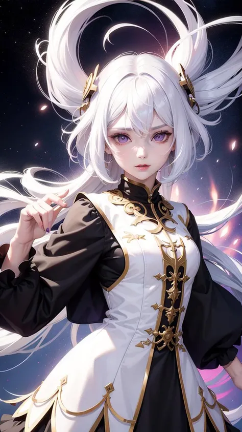 1girl, white hair, multicolored hair, purple eyes, mask on head, sidelighting, light particles, wallpaper,full pose