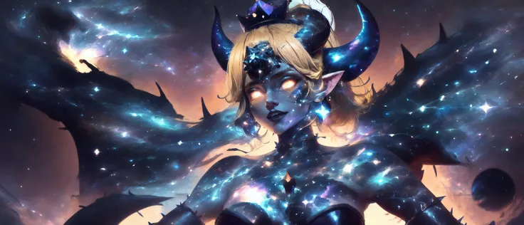 1girl,<lora:bows1-000015:0.6>,bowsette,(Blonde Hair:1.2),(white horns:1.5),(pointy ears:1.2),(Blue Eyes:1.2),(crown:1.2),(spiked armlet:1.1),angry expressionless,hair between eyes,earrings,Ponytail,nail polish,fang,bare shoulders,cleavage,blush,smile,strapless,(Black Dress:0.8),(leotard:0.5),sharp teeth,epic art wallpaper,8k,epic,wonderful details,<lora:CelestialSkin2:0.8>,(dark celestialskin body:1.2),(void cosmic body),(galaxy skin),goddess,digital art,anime,3d,galaxy,space,stars,divine person,<lora:PAseerStarSkyV1:0.8>,(creating a universe:1.5),, (sharp focus,absurdres,high quality,masterpiece,highres,best quality:1.5), (masterpiece,High quality,best quality:1.5),sharp focus,(extremely intricate,Highly detailed:1.2),(Dynamic lighting),(detailed scenery, epic scenery),(official style, official art, official wallpaper,),<lora:more_details:0.4>,