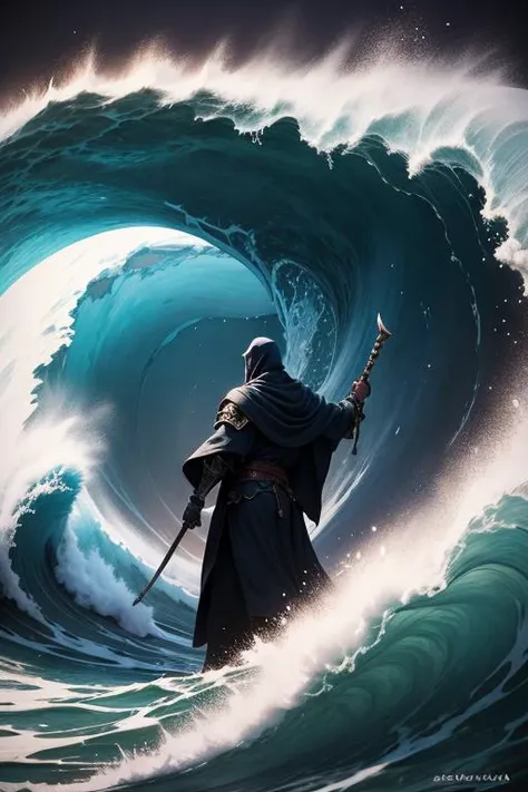 an awarded photography of Arkhan the Black - A formidable and skeletal lich, dressed in dark robes and wielding a staff of dark magic., at Tidal Wave: A massive wave caused by seismic activity or meteor impact, devastating coastal areas. , masterpiece, ultrasharp, depth of field and boekh, best quality, <lyco:GoodHands-beta2:1.0>