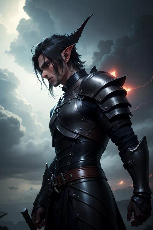 an awarded photography of Malus Darkblade - A brooding Dark Elf warrior with mismatched eyes, clad in enchanted black armor., at Roll Cloud: A low, horizontal, and tube-shaped cloud usually seen ahead of a thunderstorm. , masterpiece, ultrasharp, depth of field and boekh, best quality, <lyco:GoodHands-beta2:1.0>