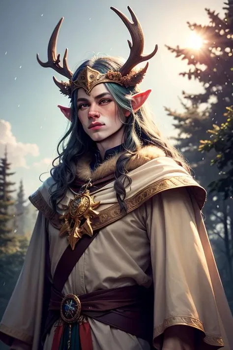 an awarded photography of Orion - A majestic Elven king of the forest, with antlered helm and adorned in leafy regalia., at Rainbow: A stunning arch of colors across the sky, created by the dispersion of sunlight in raindrops. , masterpiece, ultrasharp, depth of field and boekh, best quality, <lyco:GoodHands-beta2:1.0>