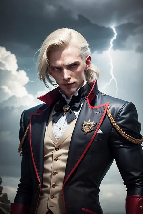 an awarded photography of Mannfred von Carstein - A powerful and charismatic vampire count, with pale skin and dressed in elegant, noble attire., at Gustnado: A weak tornado or whirlwind generated by gusty winds within a thunderstorm. , masterpiece, ultrasharp, depth of field and boekh, best quality, <lyco:GoodHands-beta2:1.0>