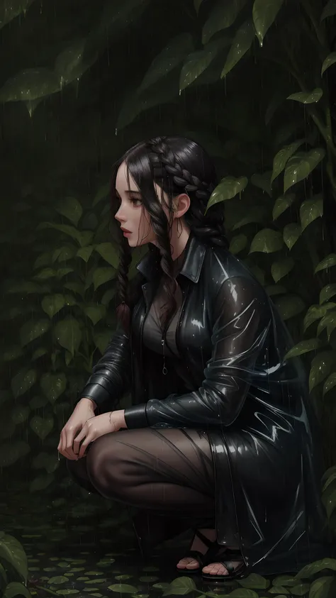 A Jungle, In Heavy Rain, Monochromatic, Vines Everywhere, Giant Wet Trees Oil Painting, Flower Photography, 1 Wet Woman, Twin Braids, Hair Behind Ear, Sheer Jacket, Sheer Clothes, Wet Clothes, Squatting , holding knife<lora:add_detail:0.3> <lora:more_details:0.4>