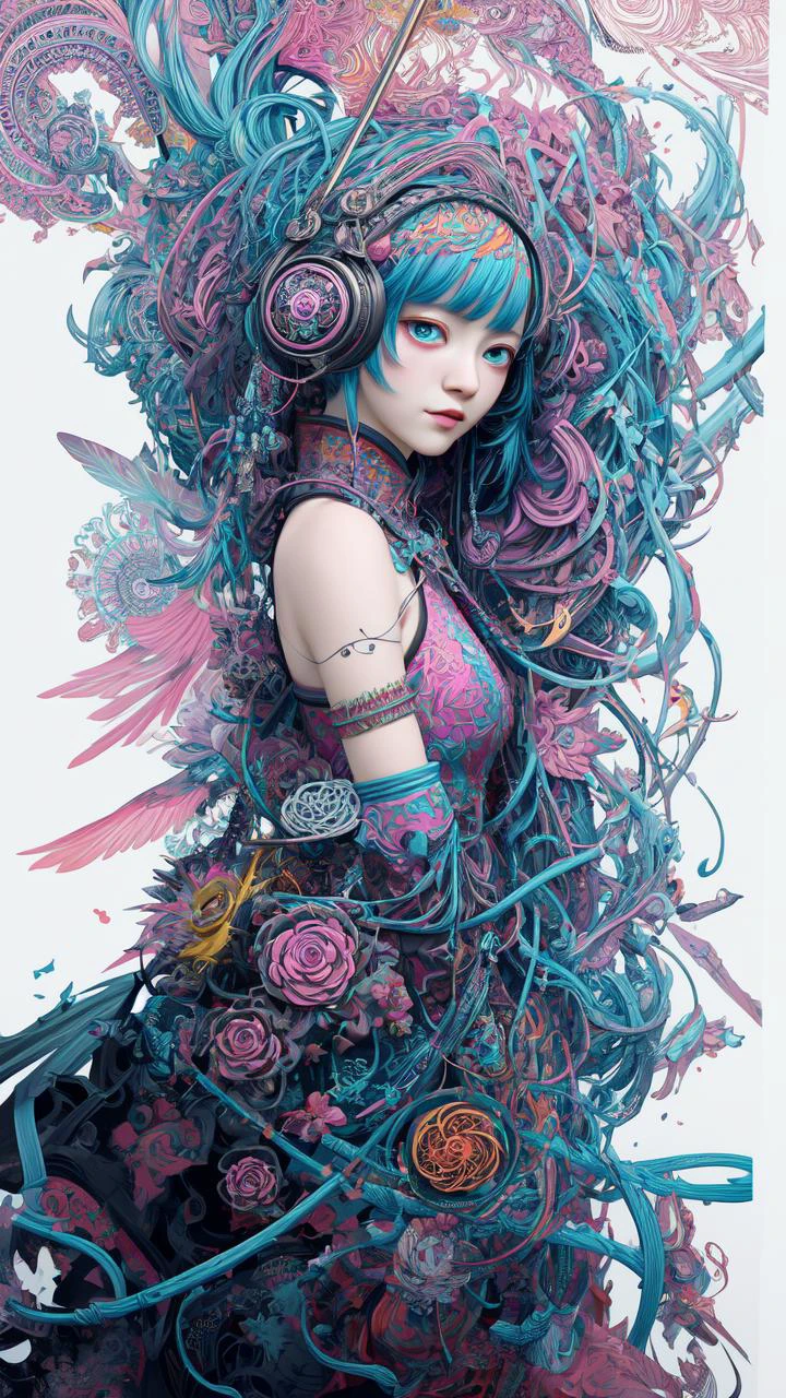 official art, unity 8k wallpaper, ultra detailed, beautiful and aesthetic, masterpiece, best quality, (zentangle, mandala, tangle, entangle), (fractal art:1.3) , 1girl, extremely detailed, dynamic angle, cowboyshot, the most beautiful form of chaos, elegant, a brutalist designed, vivid colours, romanticism, by james jean, roby dwi antono, ross tran, francis bacon, michal mraz, adrian ghenie, petra cortright, gerhard richter, takato yamamoto, ashley wood, atmospheric, ecstasy of musical notes, streaming musical notes visible<lora:add_detail:0.3> <lora:more_details:0.4>,3DMM <lora:3DMM_V12:1>