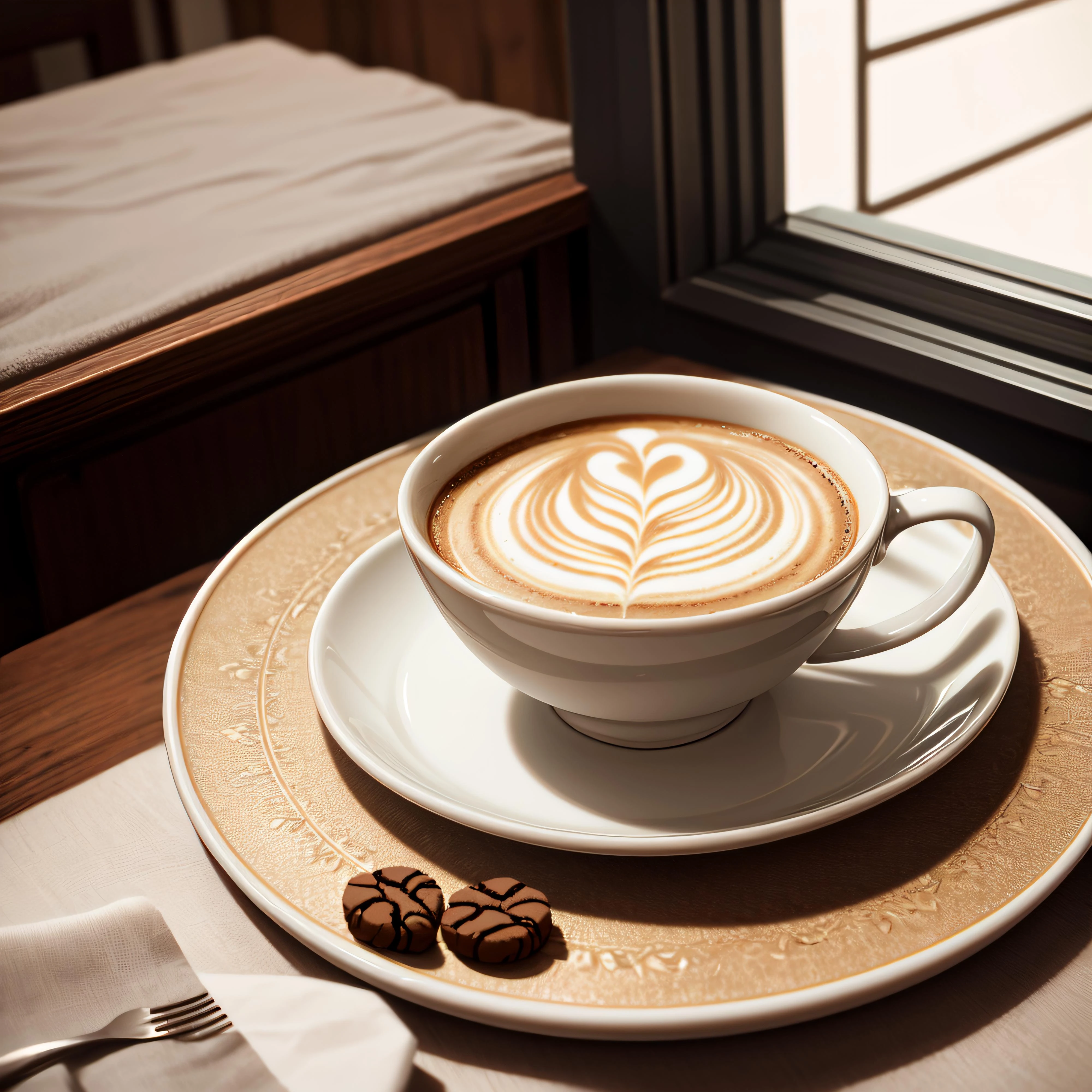 ultra detailed shot of a coffee cup with latte art, on serving tray with cookies, whimsical, ethereal, magical looking, soft light from a window, detailed and realistic cups, delicate chinese porcelain, 32k resolution, best quality,<lora:add_detail:0.3> <lora:more_details:0.4> ,