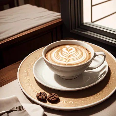 ultra detailed shot of a coffee cup with latte art, on serving tray with cookies, whimsical, ethereal, magical looking, soft light from a window, detailed and realistic cups, delicate chinese porcelain, 32k resolution, best quality,<lora:add_detail:0.3> <lora:more_details:0.4>  ,