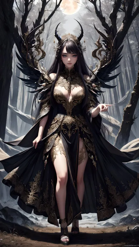 Full body,(Masterpiece,high definition, best quality, superior quality, intricate details,beautiful aesthetic:1.2),high quality, raw, ultra details, extremely detailed and beautiful,forest, Dark pandemonium fantasy  a shattered full moon in the background, blended fusion full-length view, surrealistic twilight aura, twilight sky, backlit, shadows, smooth, ultra high definition, 32k, sf, intricate artwork, luminous, epic, highly detailed, highly textured<lora:add_detail:0.7>