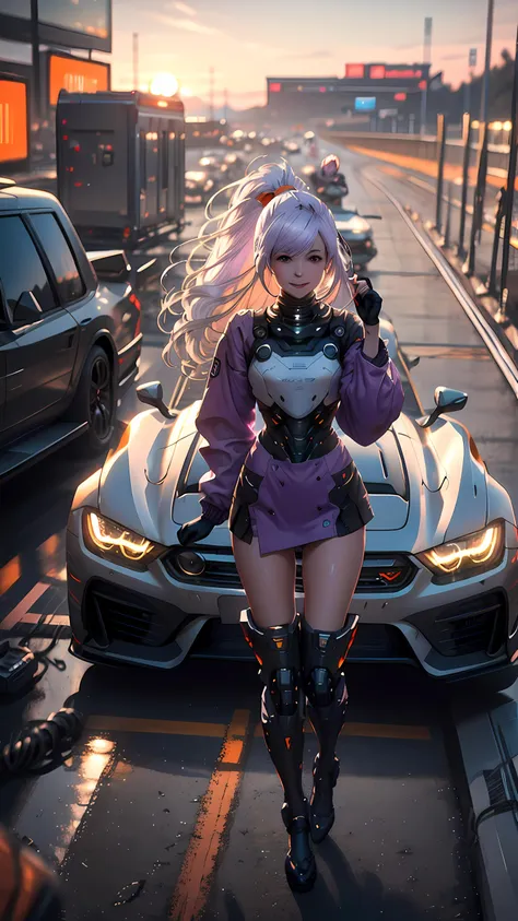 realistic, (1 girl), ponytail, 1girl, motion shot, happily smile, cheeky expression, machine appendages in matching pairs, (hair blowing in wind), (white and orange robot), (white and purple hair), cute features, braids on boths sides, flat chested, long hair, full body, racetrack, (white and orange sports car), futiristic, mecha, yorha no. 2 type b, dynamic lighting, cinematic, realism, realistic, photo real, sunset, detailed, high contrast, denoised, centered, bokeh <lora:Mecha_20230612141106:0.6> <lora:FenW:0.8>